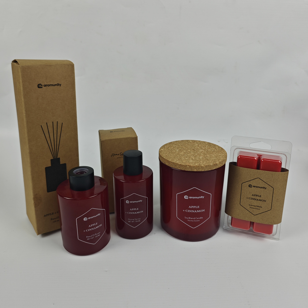 Aromunity Apple + Cinnamon Home Fragrance Gift Set – Candle, Reed Diffuser, Room Spray &amp; Wax Melts