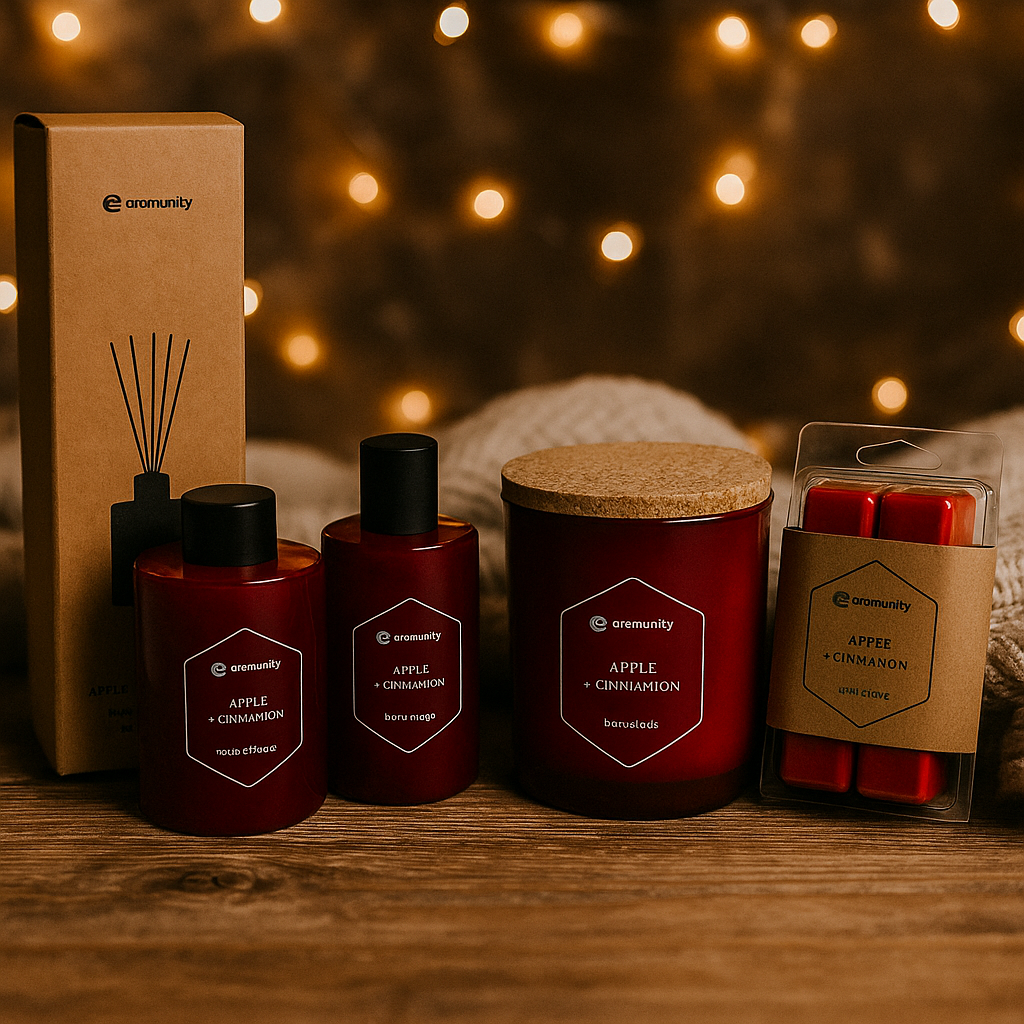 Aromunity Apple + Cinnamon Home Fragrance Gift Set – Candle, Reed Diffuser, Room Spray &amp; Wax Melts