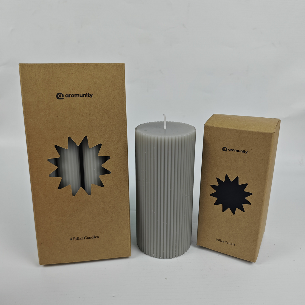 Aromunity Grey Ribbed Pillar Candles – Elegant Decorative Candles for Home, Events &amp; Gifts