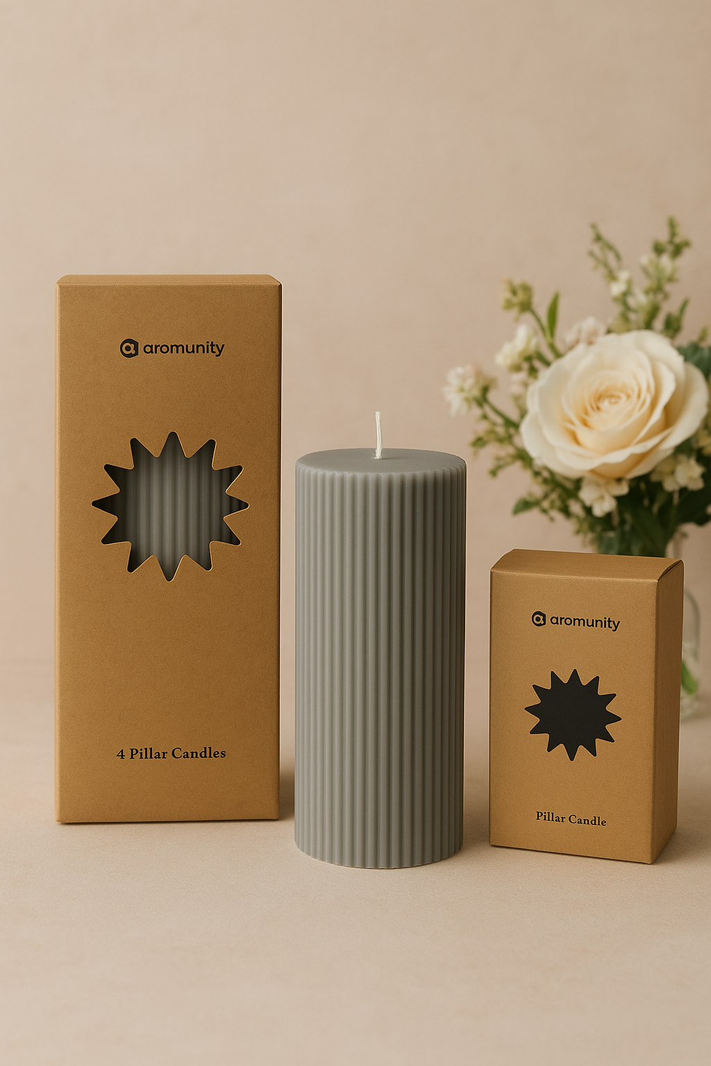 Aromunity Grey Ribbed Pillar Candles – Elegant Decorative Candles for Home, Events &amp; Gifts