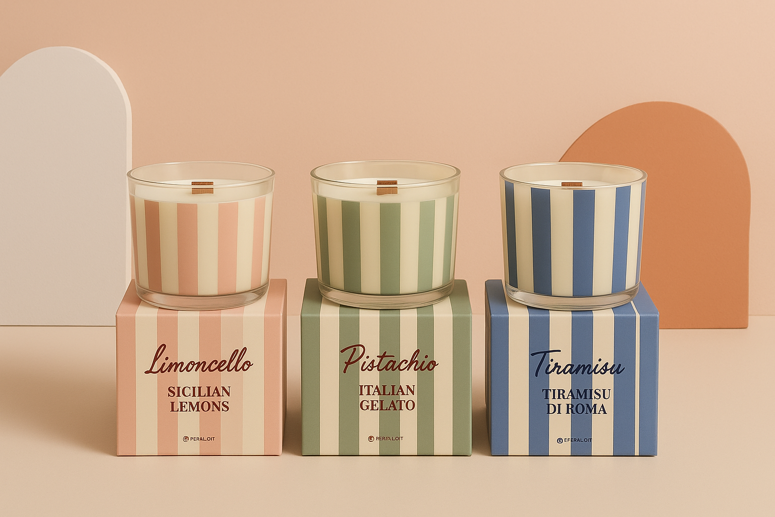 Striped Scented Candle Collection – Limoncello, Pistachio Gelato &amp; Tiramisu di Roma