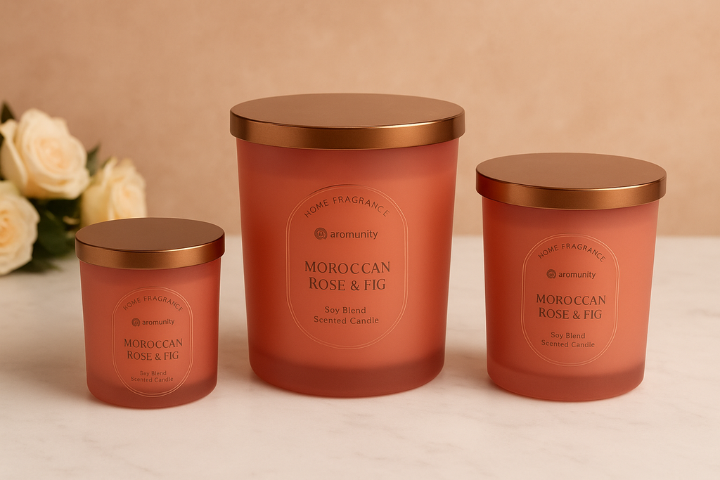 Aromunity Moroccan Rose &amp; Fig Scented Candle – Luxury Home Fragrance in Elegant Glass Jar